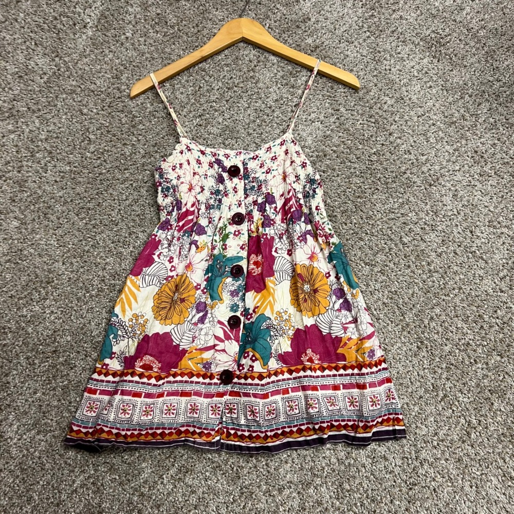 Angie Floral Smocked Babydoll Tank Top Large Cotton Boho Button Front Camisole